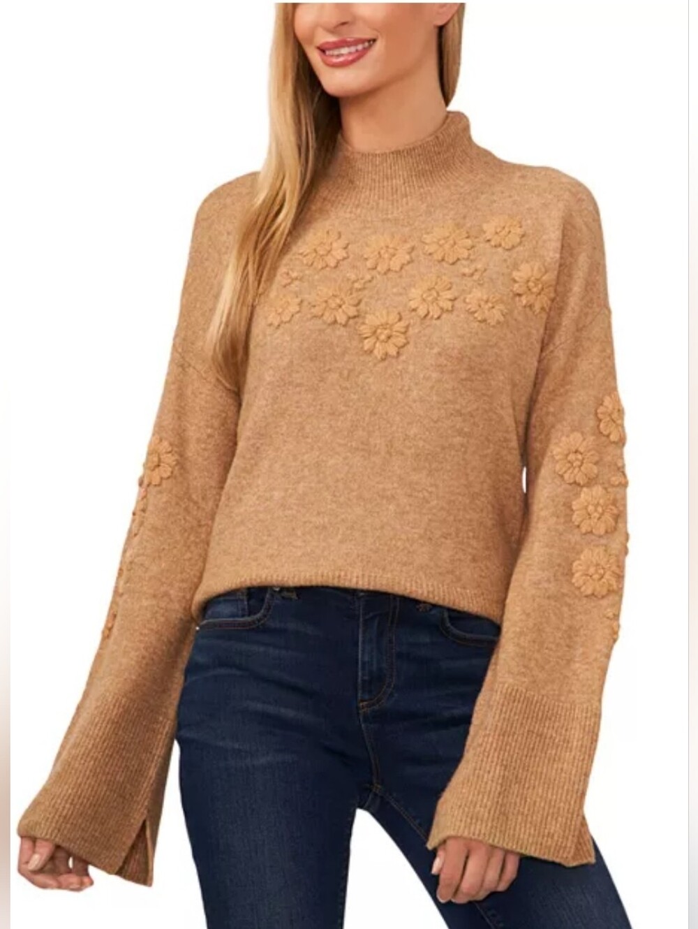 CeCe Mock Neck Embroidered‎ Flower Sweater